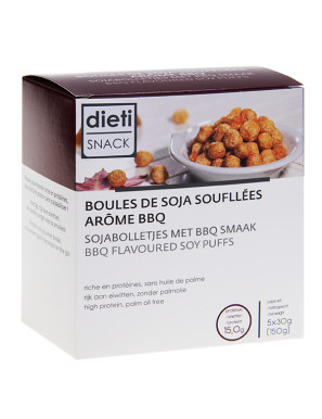 High protein barbecue flavoured soy puffs