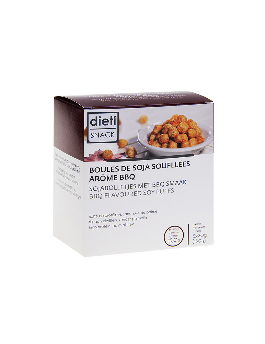 High protein barbecue flavoured soy puffs